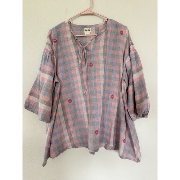 Little Tienda Floral Gingham Balloon Sleeve Blouse Boho Chic Indie Hippie Top M - Picture 1 of 6